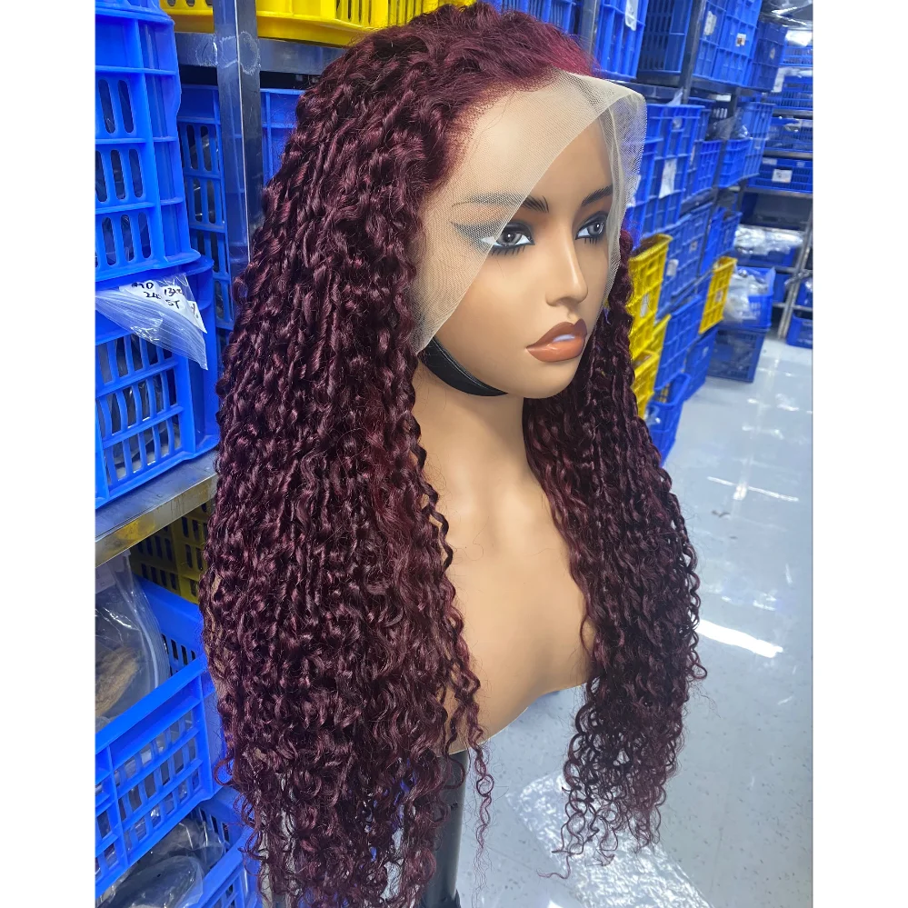 WXJ Piano Burgundy Color 99j 100% Human Hair Full Frontal Lace Wigs Pixie Curls Sdd Hair 12-28 Inches In Stock For Black Women