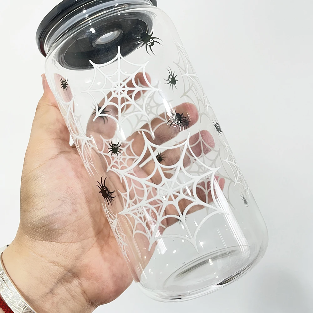 Ready To Ship Borosilicate Glass Pumpkin Ghost Spider Web Printed Glass Can  For Halloween Gift
