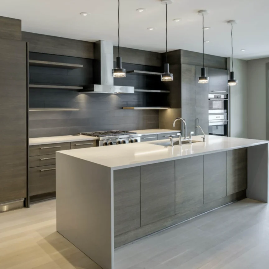 American Contemporary Modern Mid-Size L-Shape Kitchen With Customized  Wood Grain Gray Glossy Kitchen Cabinets