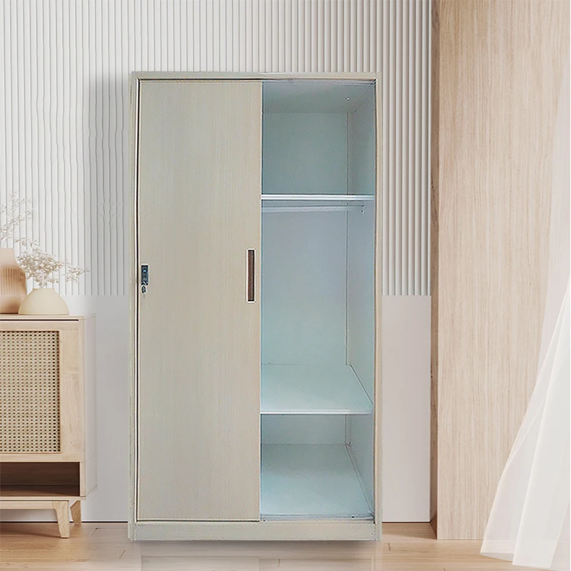 Fair price metal wardrobe 2 doors metal wardrobe with sliding doors  wooden finish metal sheet wardrobe in stock