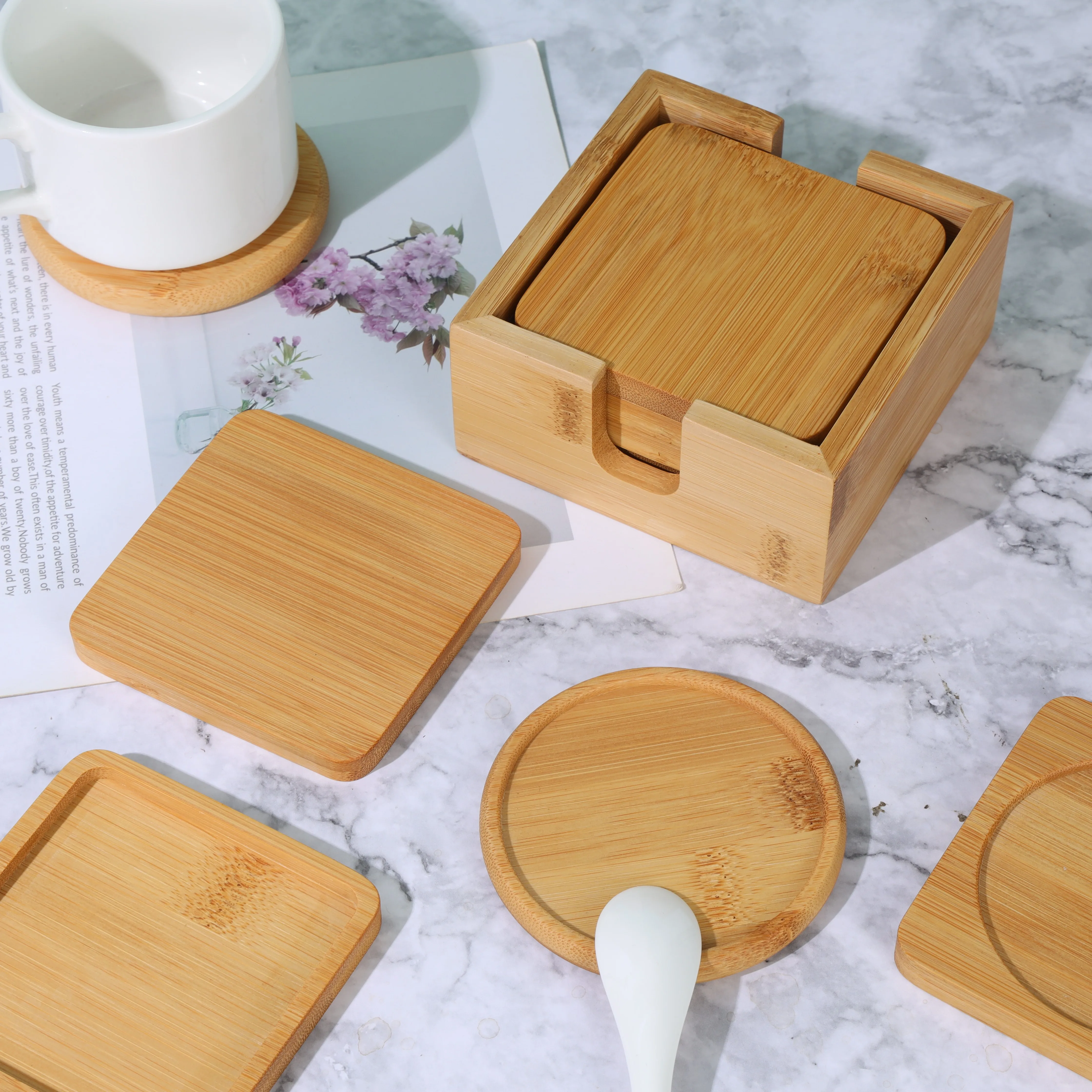 Acacia Wholesale Custom factory OEM Acacia Cork bamboo coaster walnut wooden coaster beech coaster for coffee cup