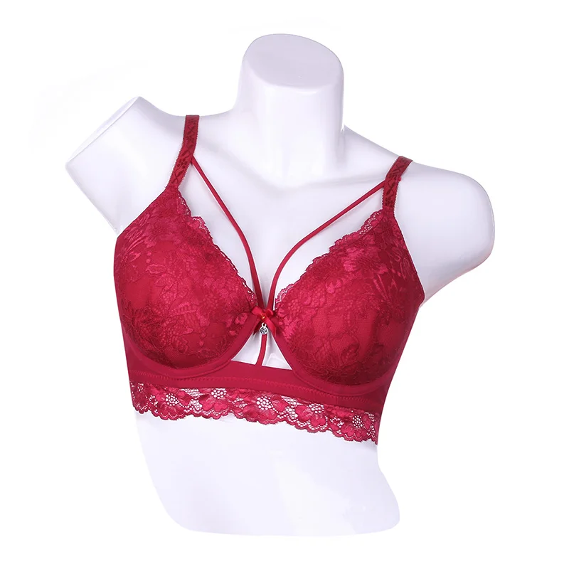 New French lingerie red floral lace stitching small chest high support crop top girls gather bras hollow sexy bra