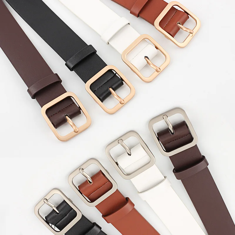 Women Belt Classic Fashion Vintage Solid PU Leather Square Buckle Belt with Flat Buckle