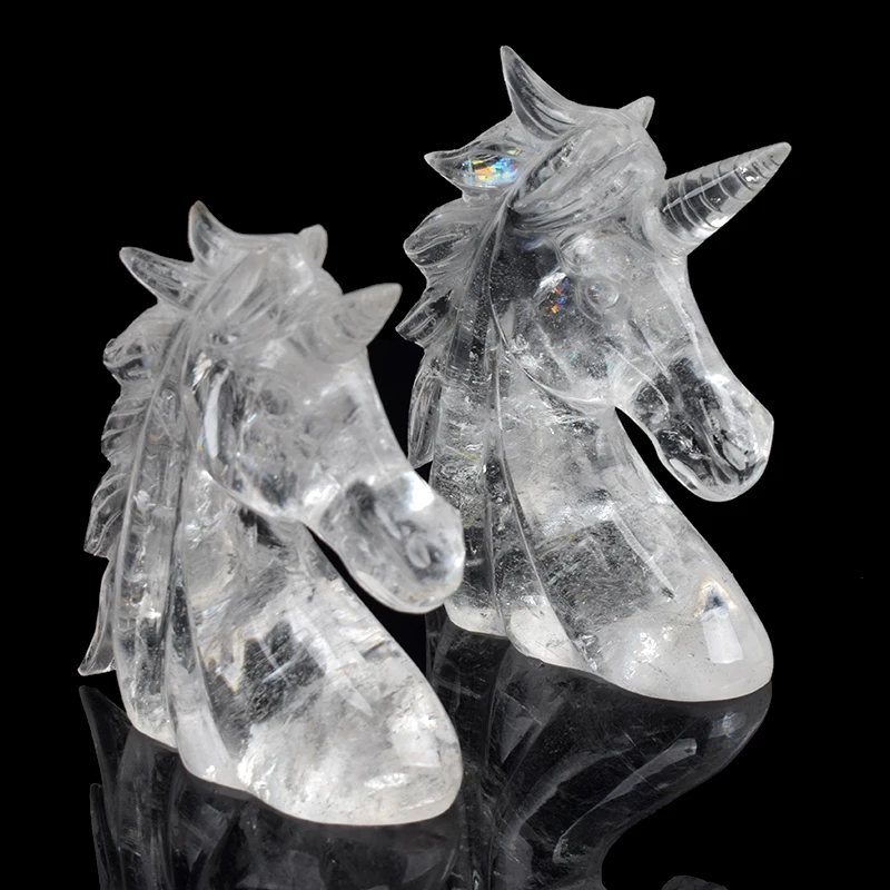Factory Price Natural Clear White Rose Quartz Hand Carved Unicorn Horse Head Sculpture Statue For HOME Decoration