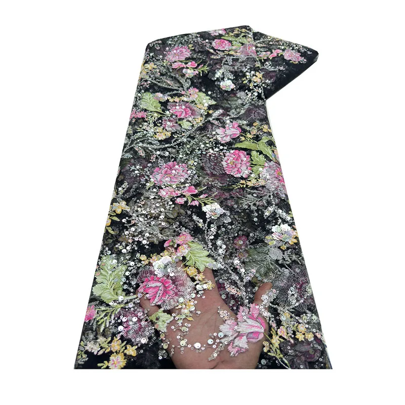 100% Polyester fabric Tejidos bordados colorful sequin 3d Embroidery lace Nigerian Lace Fabric for wedding Dress