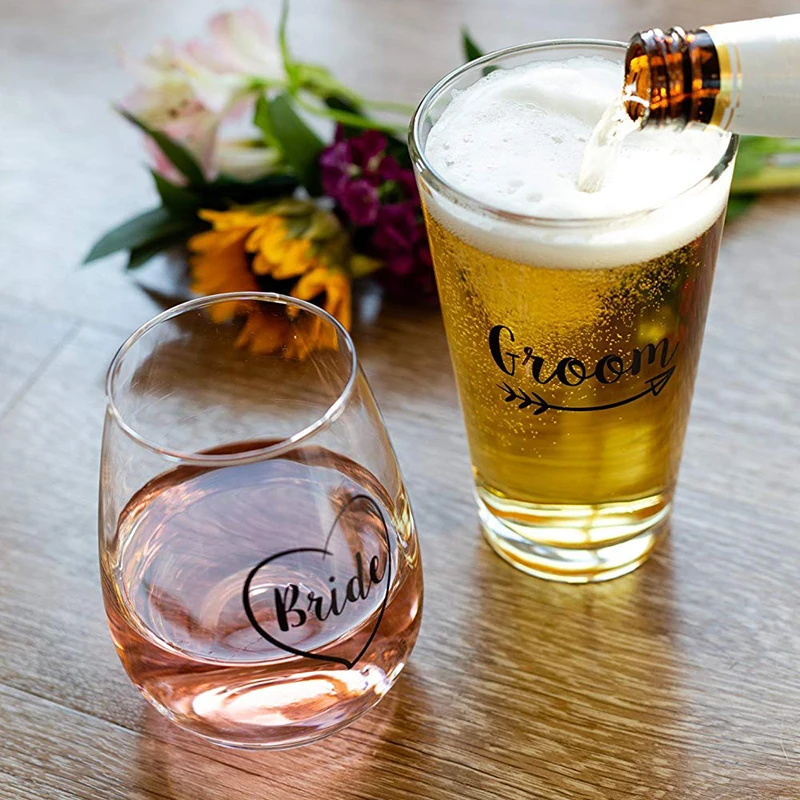 Wholesale Customized Cute Wedding Gifts Decaled Stemless Wine Glass and Beer Glass Combo - Engagement Gift for Couples
