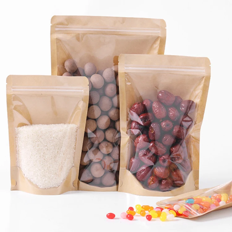 Custom Recycled Clear Front Window Eco Friendly Biodegradable Stand Up Pouch Zipper Ziplock kraft Paper Packing Bag with Window