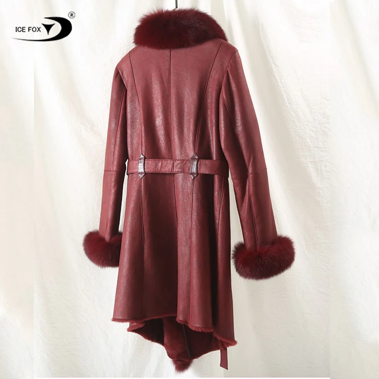 Women Winter Long Fur Lined Coat Sheepskin Sheepskin Double Faced Leather Jacket With Fox Fur Trim Collar