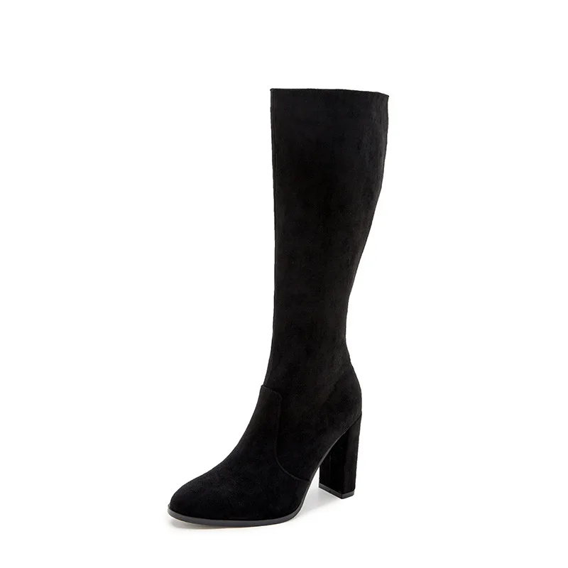 Suede Chunky Heel Zipper Flock Ladies Office Shoes Boots  New Fashion Knee-high Boots For Women