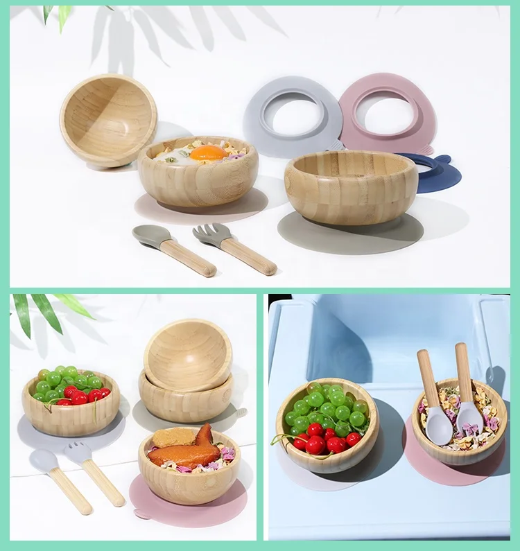 Wholesale Oem Odm Nature Eco Friendly Silicone Small Wood Bamboo Bowl Baby Bamboo Bowl Suction Bamboo Bowl Fork And Spoon Set