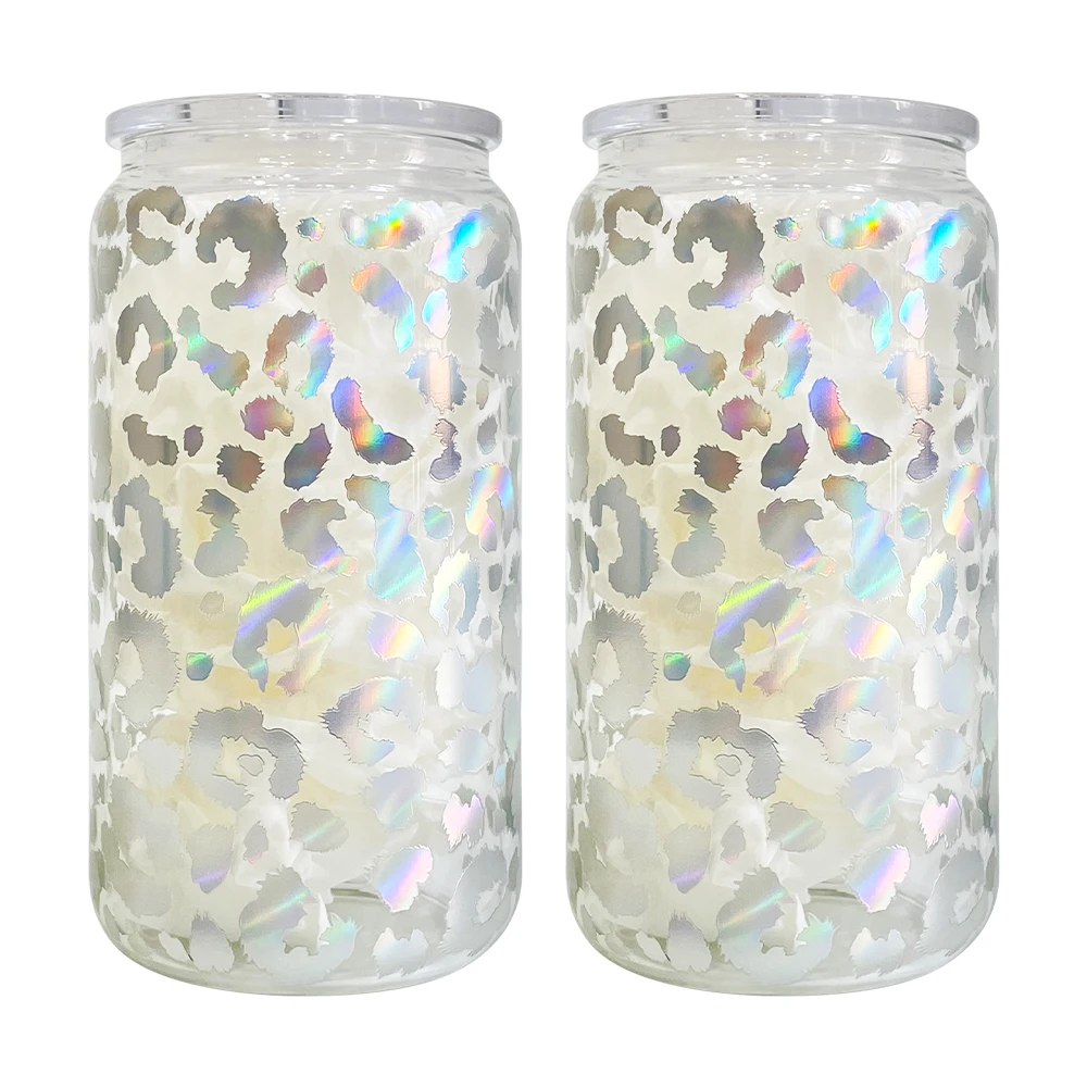 USA warehouse Vinyl Wrap Decal decorated Holographic Leopard cheetah print 16oz clear beer glass can with plastic lids