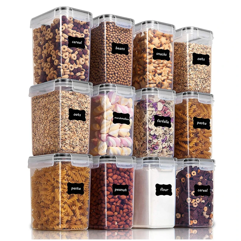 12 pcs Set Plastic Cereal Container 4 Side Locking Lid Food Storage Keeper For PP Airtight Dry Food Grain Cereal