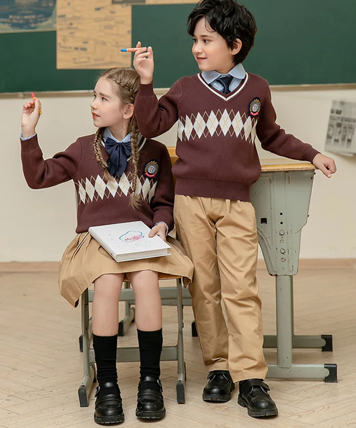 
England style school uniform custom 100% cotton long sleeve pullover fashions crewneck sweater for kids 