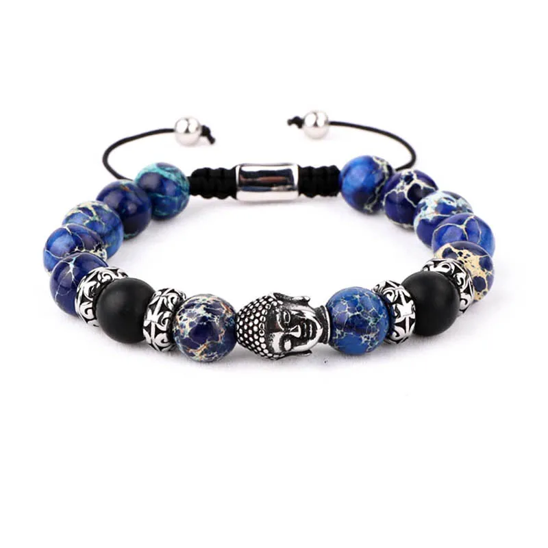 New Design Stainless Steel Buddha Charm Sediment Jasper Stone Beads Men Macrame Adjustable Bracelet Men
