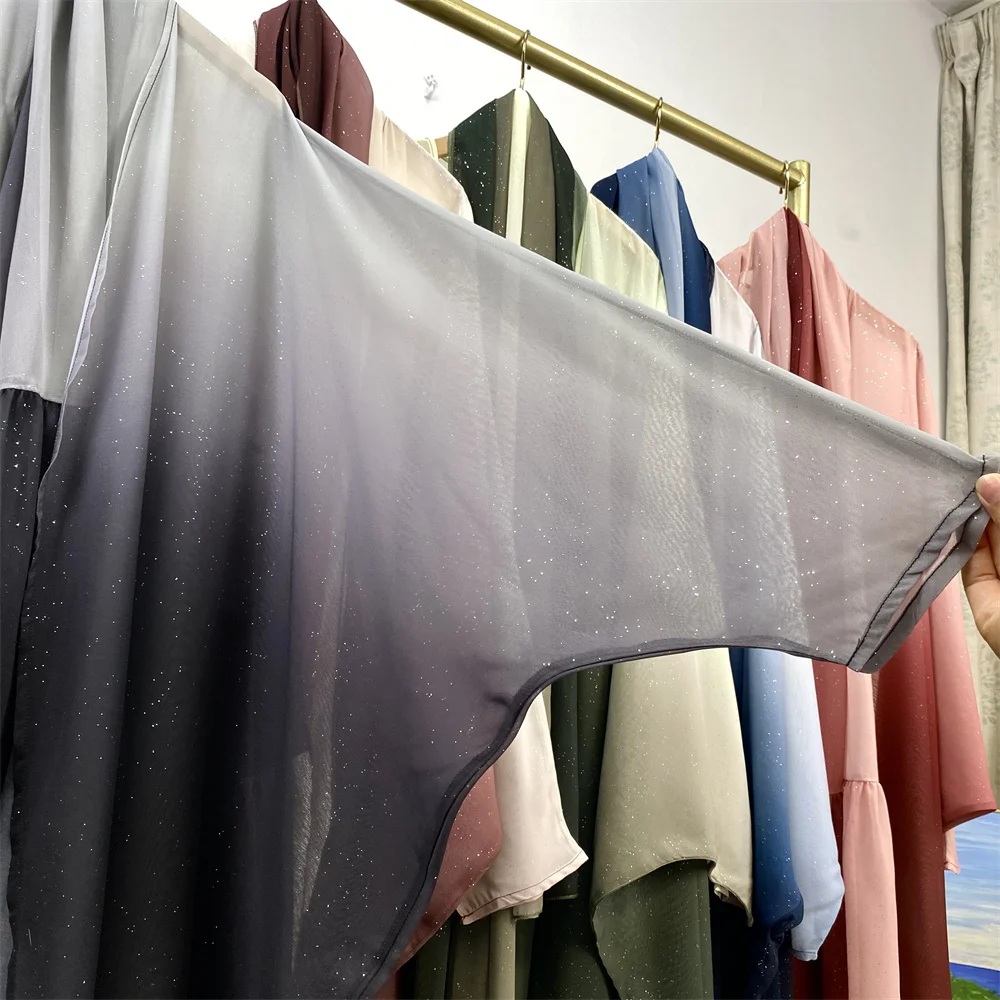 67501#B Fashion Shiny Starry Sky Gradient Color Cardigan With Long Hijab Muslim Women Classy Abaya 2 PCS Set