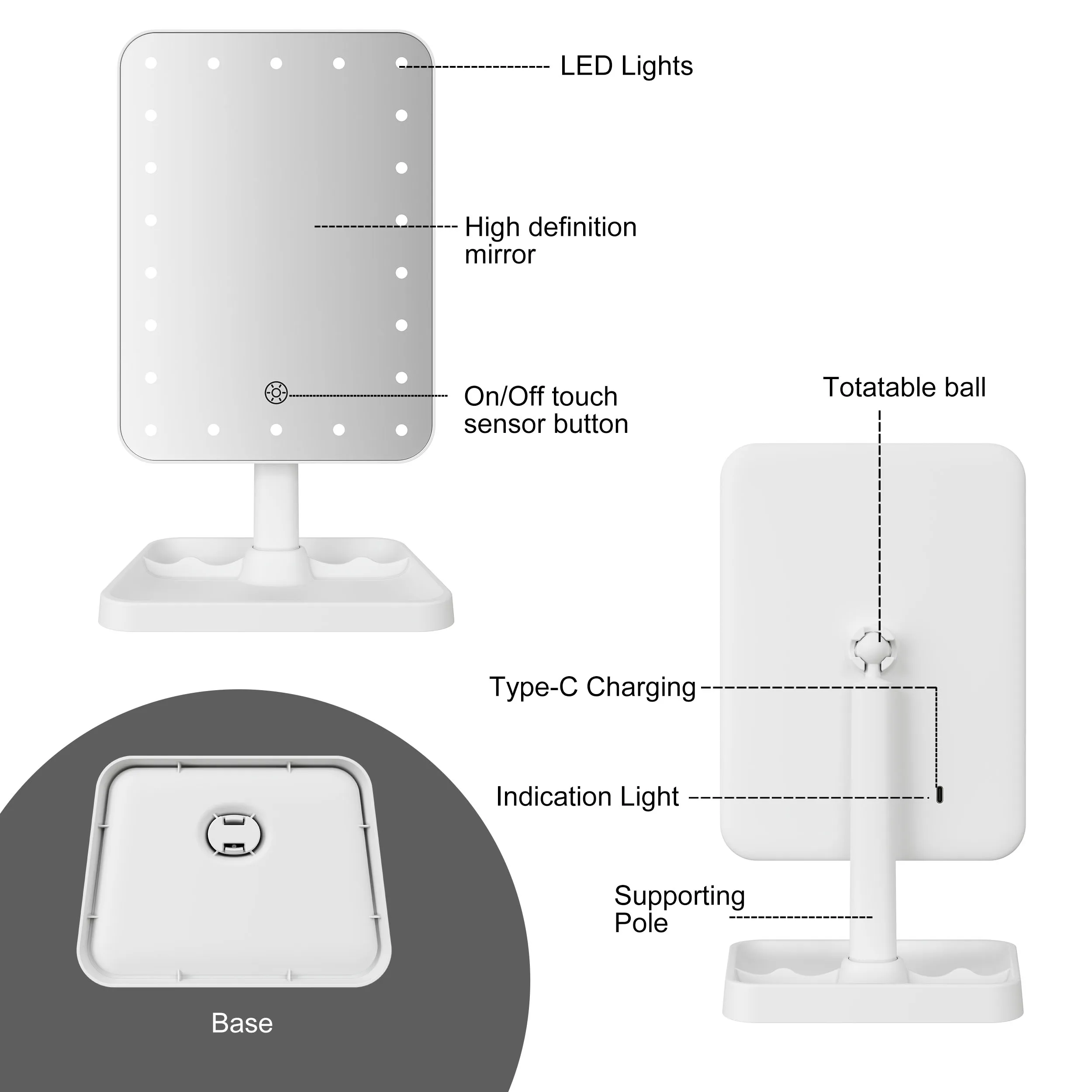 Factory Supply Manufacturers Portable Adjustable Lighted Vanity Mirror With Lights Rechargeable Table Led Makeup Mirror