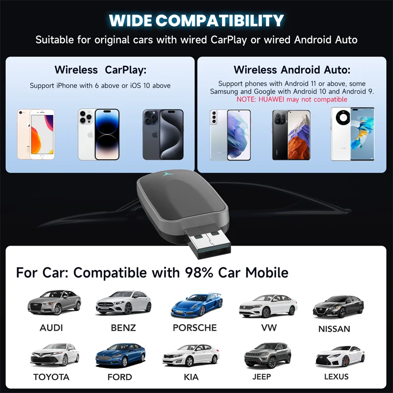 Efficient Auto Pairing Voice Assistant Support 2024 Wireless Carplay Android Auto Adapter