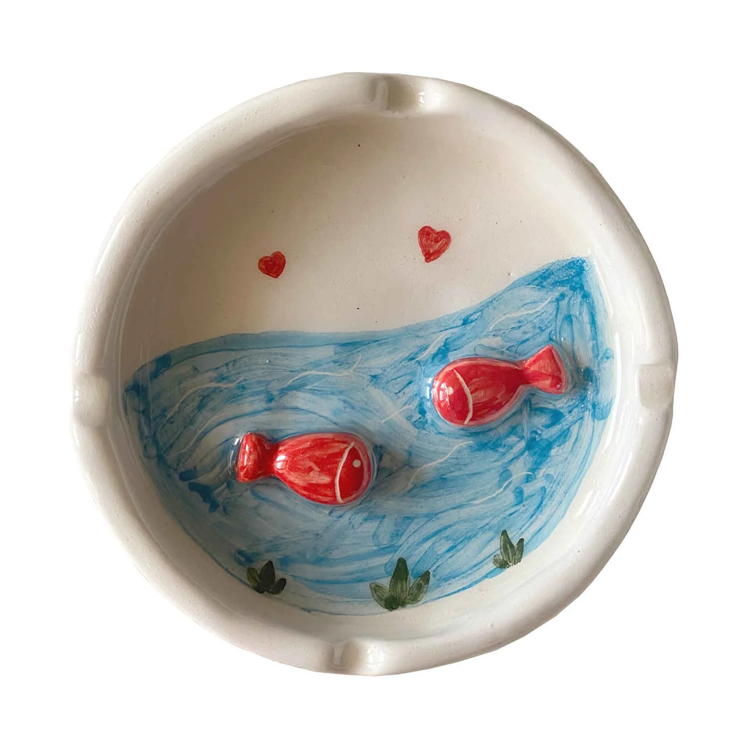 Handmade Ceramic Ashtray  Sea & Fish Minimalist Design White Cute Round Ashtray