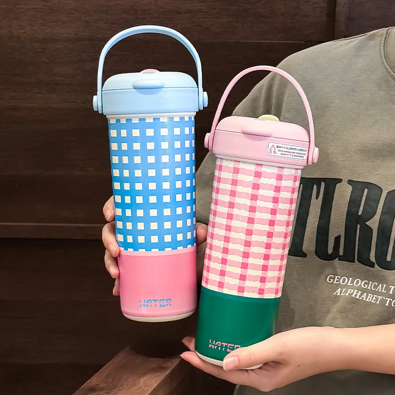 Seaygift Double drink flower tea cup plaid design vacuum insulated flask water bottle new thermal coffee tumbler mug