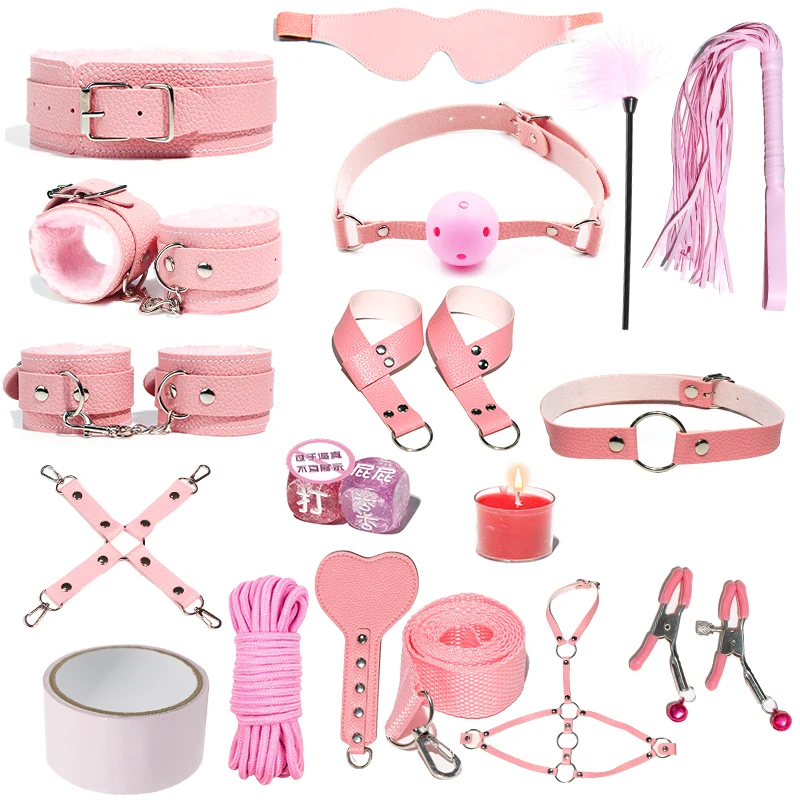 BDSM 17 PCS Kit for Sex Bondageromance Bondage Restraint Adult Sex Toy Blindfold Leather Wrist Handcuffs Set