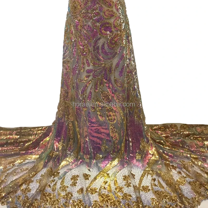 SF002 Wholesale Price OEM Rhinestone Sequin Beaded Fabric Gradient Color African Lace Bridal Fabrics