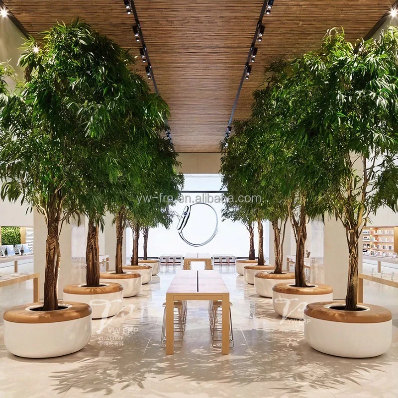 Hotel office shopping mall outdoor fiberglass flower pot chair indoor decoration creative green plant flower art tree seat bench