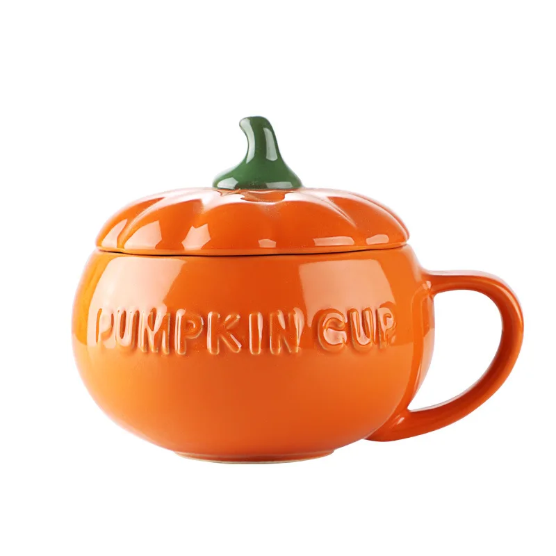 300ml 500ml High Quality Pumpkin Shaped Mug Ceramic Coffee Milk Tea Breakfast Mug with Lid and Spoon