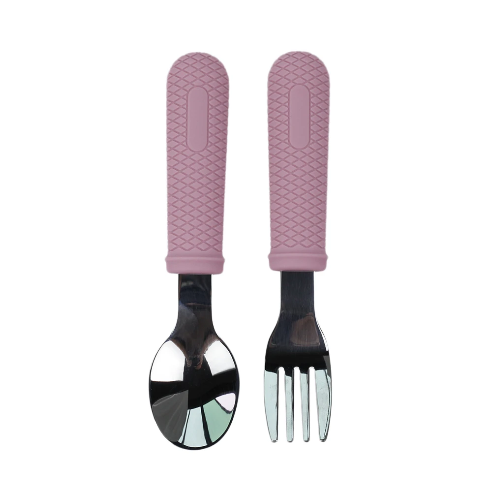 Silicone utensil set Training Spoon And Fork knife Set of 3 Stainless Steel kid Cutlery with silicone handle