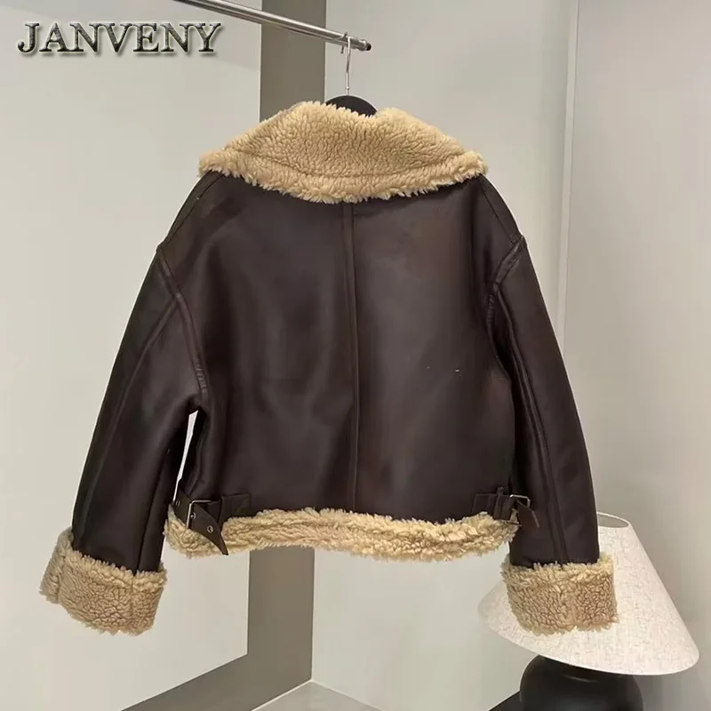 JANVENY 2024 New Winter Faux Lamb Fur Leather Jacket Women Long Sleeve Zipper Pockets Thick Warm Sheepskin Fleece Motor Coat