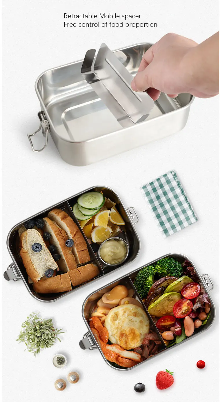 304 stainless steel lunch box compartment sealed leak-proof bento box square student lunch box crisper