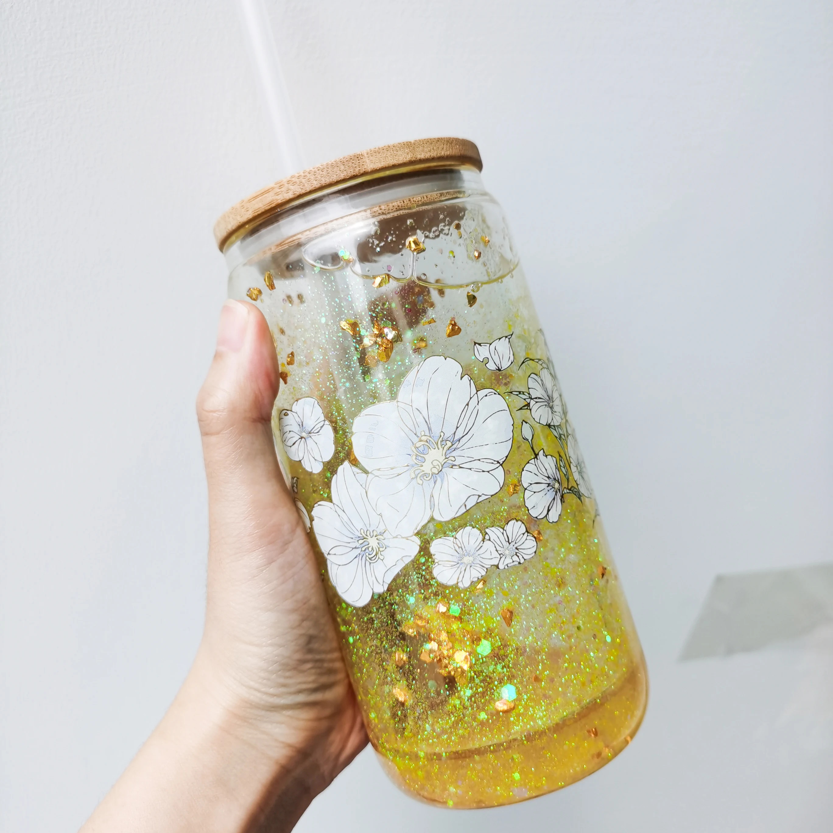 20oz skinny straight snow globe glitter double wall straight glass tumbler with bamboo lid and straw For glitter