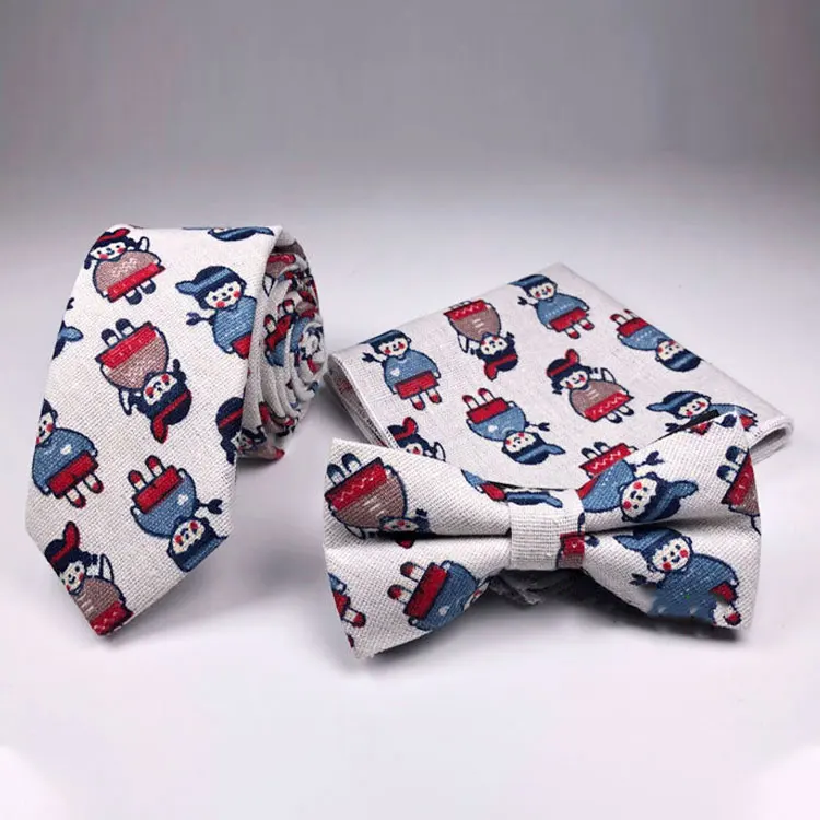 3pcs Gift Box Cotton Linen Casual Printing Pocket Square Bowtie Christmas Tie Sets