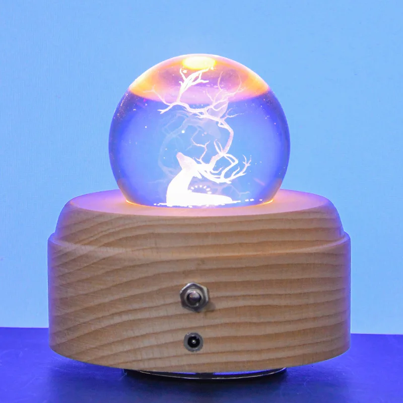Music Box Diy Luminous Wood Base Crafts Solid Wood Luminous Crystal Ball Rotating Music Box Nightlight Base