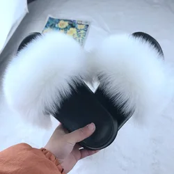 New wholesale plush female slippers raccoon fur fox fur women slippers sandals for women