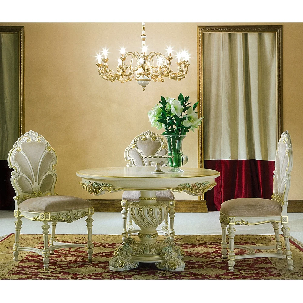 Italy design marquetry inlaid high class antique wood carved french round dining table