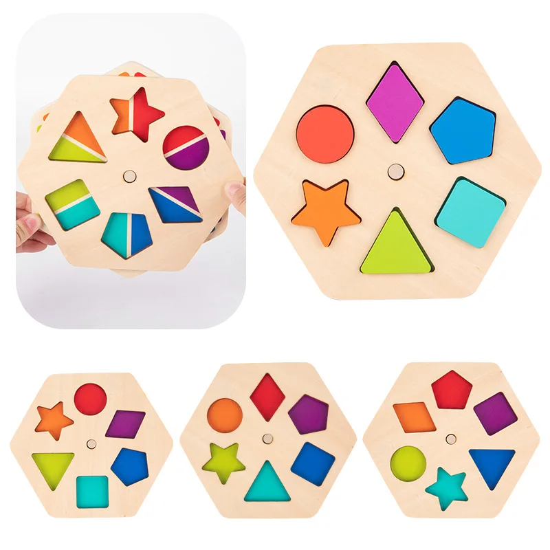 3D Wooden Hand Puzzle Shapes Puzzles Board Geometry Shape Match Toys Developmental Educational Games for Kids