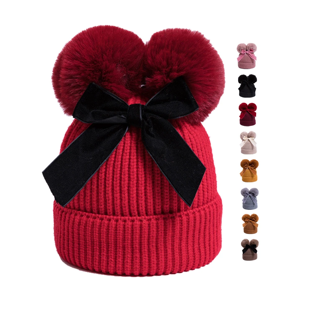 Custom 6-36 Months Old Winter Warm Knitted Baby Hat Girls Cotton Lined Infant Toddler Hat Autumn Cute Bow Classic Beanie Hats