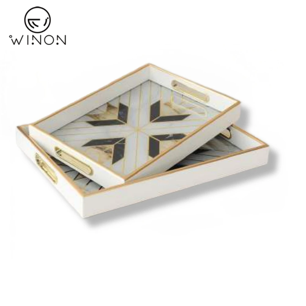 Crazy price MDF With UV Mirror Rectangle Sharp Display Serving Tray 2pcs Set With Handle For Jewelry  and Cosmetics