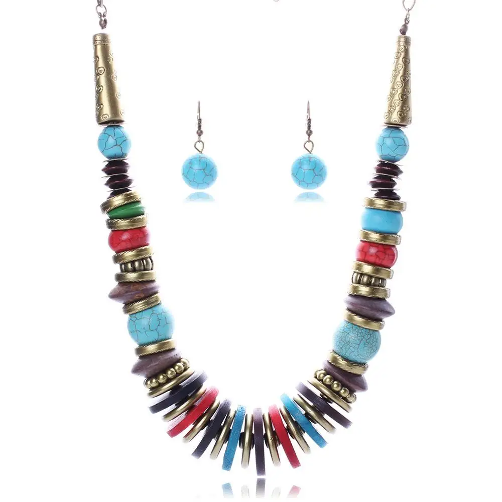 Factory Direct Bohemian Vintage Beads Turquoise Multi-layer Bracelet Necklace Earrings Three Jewelry Set Wholesale