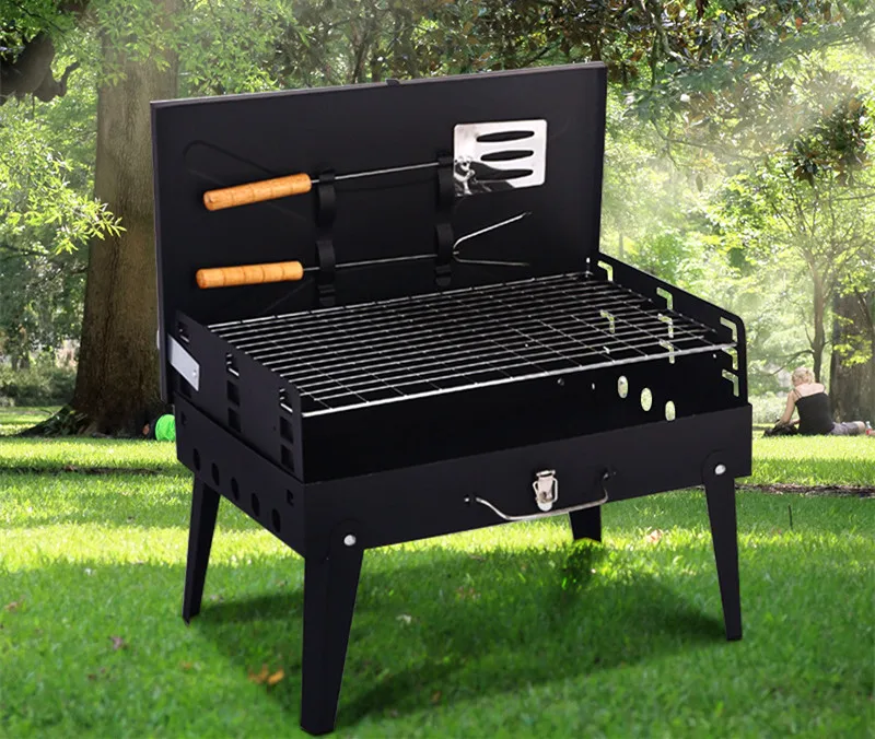 Stainless Steel Camping BBQ Charcoal Grills with BBQ Tools Portable Convenient Barbecue Grill Oven Set with Lock