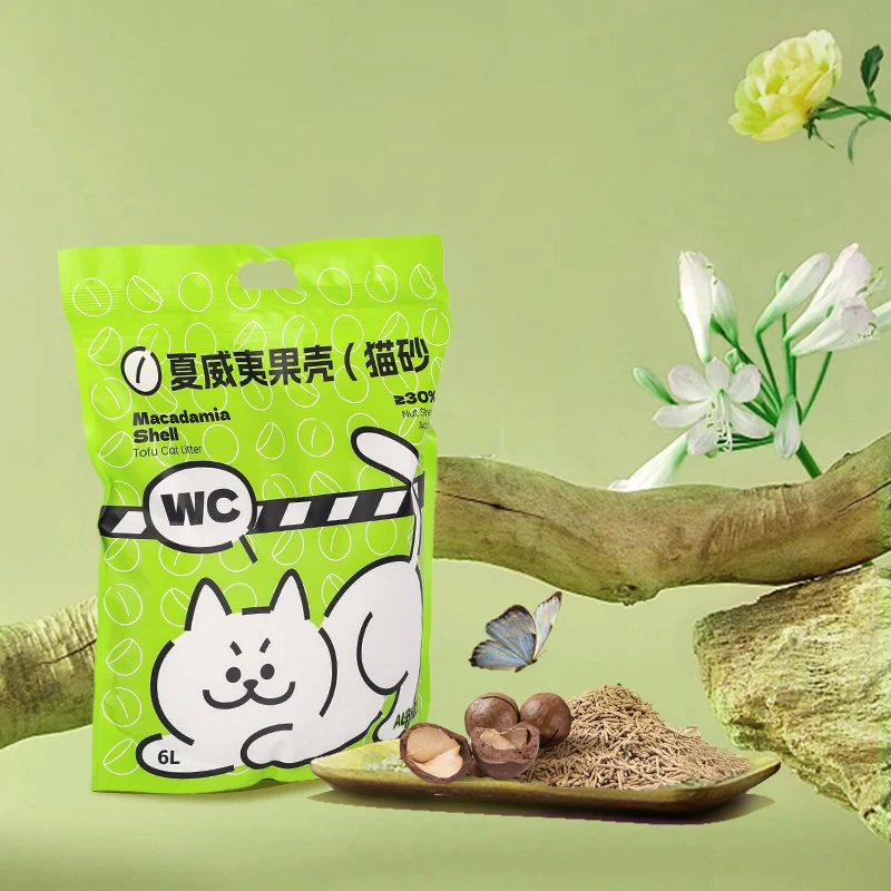 Manufacturer OEM macadamia shell tofu cat litter easy clean stripe shape strong clumping cat litter