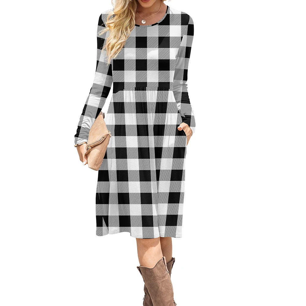 Женское Повседневное платье в клетку, с длинным рукавом, карманами и высокой талией