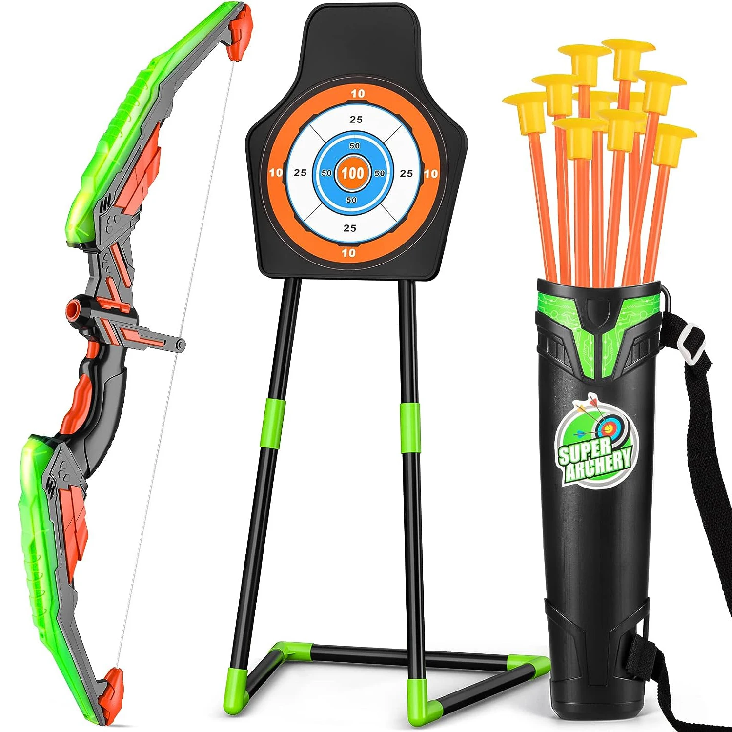 Toy Bow and Arrow  Archery LED Light Up Girls Boys Toy Set For Kids with 10 Suction Cup Arrows and Target Indoor Outdoor Toys