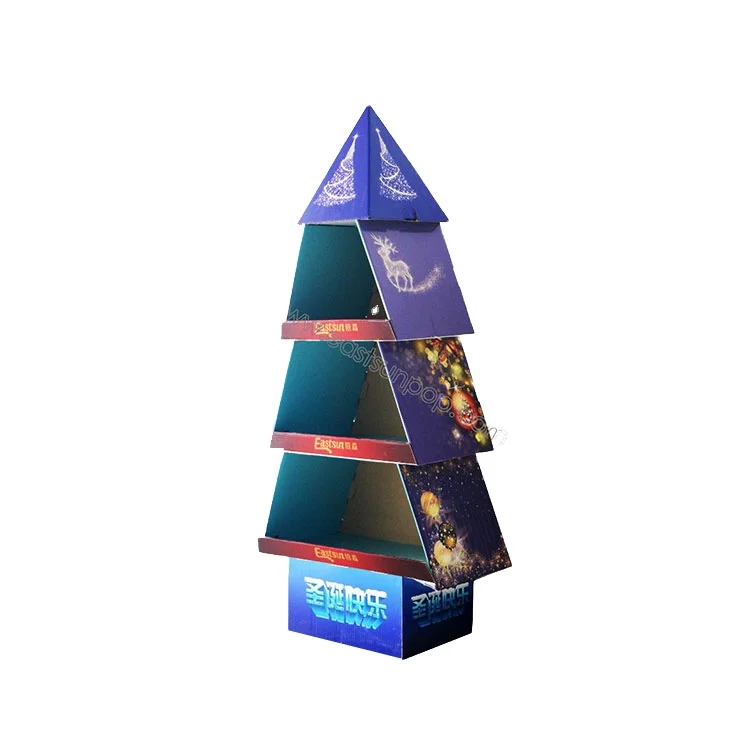 Custom Christmas tree shape color printing cardboard floor stand display rack