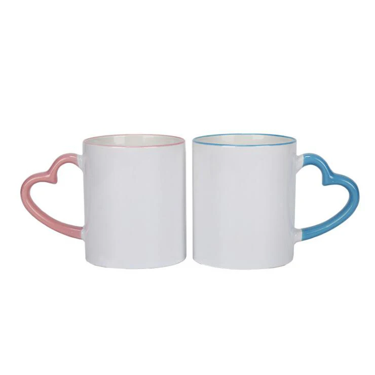 11 Oz  Heart Rim Color Handle Sublimation Blank Ceramic Coffee Mug/Cup For Promotion Gifts