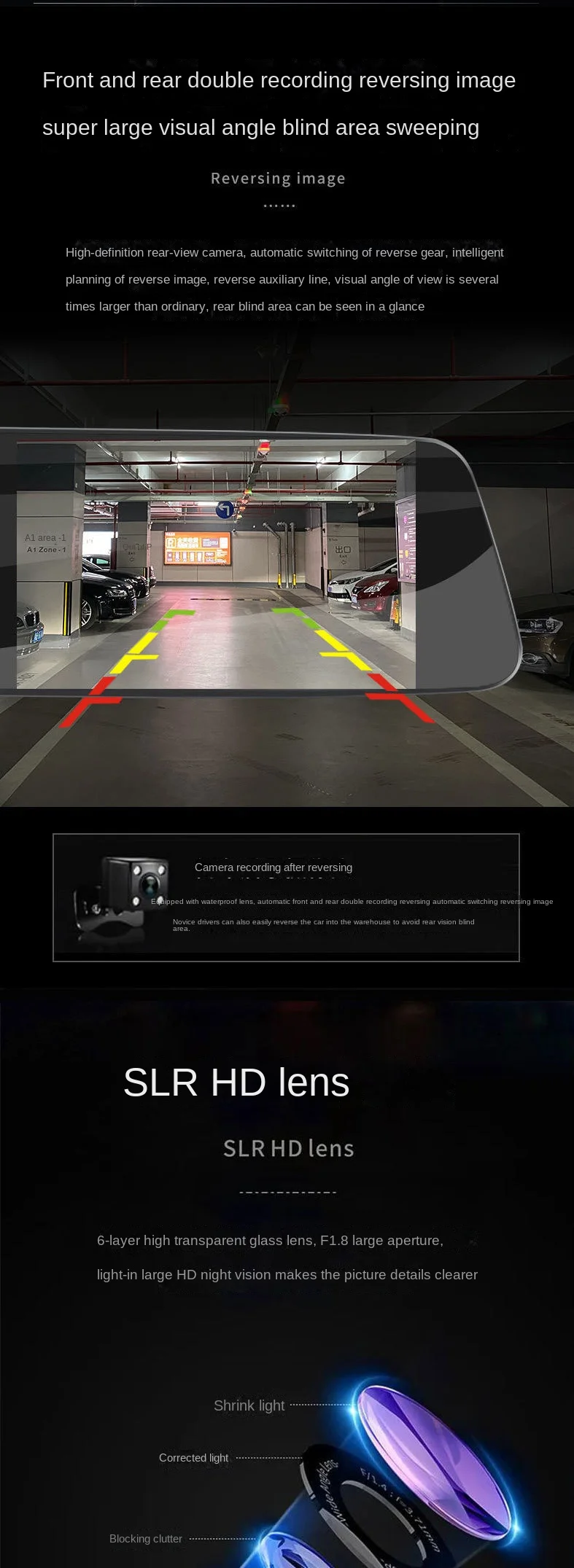 Wide Angle 1080P Anti-glare Parking Monitor Driving Recorder  Rear View Mirror Front And Rear Dash Cam Dashcam Car Camera