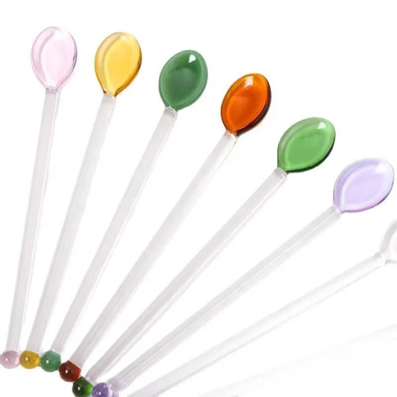 Colorful Glass Spoon Eco-friendly Stirring Bar Swizzle Stick Cocktail Stirring Rod Transparent Coffee Spoon for Wedding Party