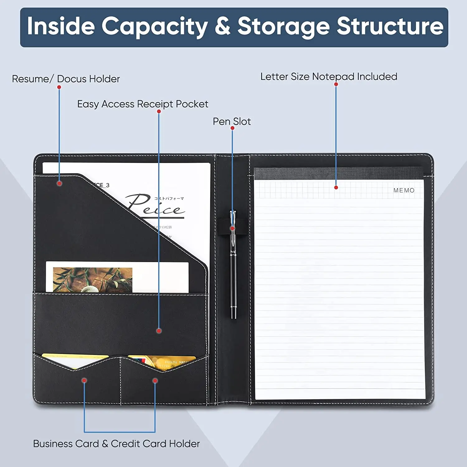 Portfolio Leather Binder Interview Legal Document Organizer Business Card Holder Included Letter Sized Writing Pad
