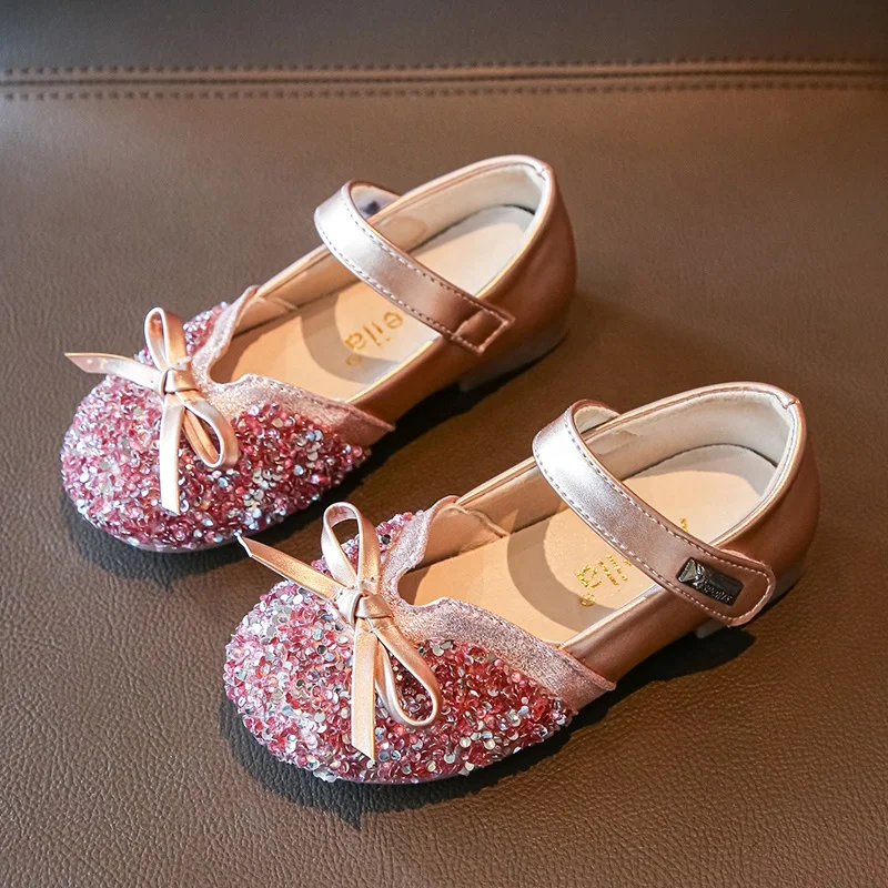 2022 New Girl Princess Shoes Glitter Patchwork Shoes For Kids Bling Bowknot Rhinestones Girls Baby Girl Dress Shoes