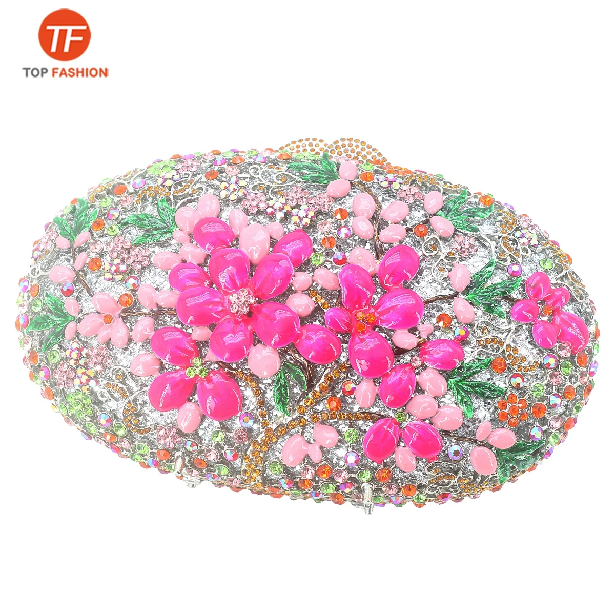 China Factory Wholesales Crystal Rhinestone Clutch Bag for Formal Party Diamante Enamel Flower Oval Minaudere Women Evening Bag
